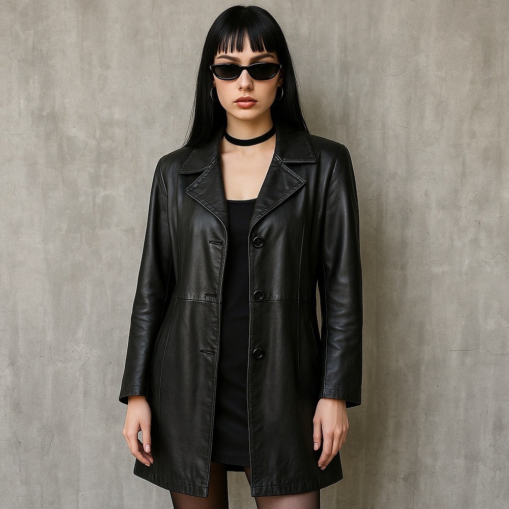 Vintage 90s Giorgio 1966 Italian‎ Black Leather Coat Jacket Women's 46 Medium